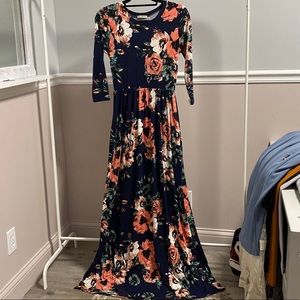 Jessakae Maxi 3/4 Sleeve Navy Blue and Pink Floral Dress